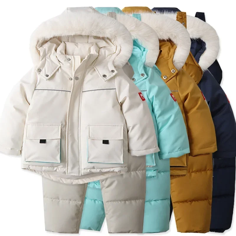 2Pcs New Winter Kid's Ski Clothes Set Boys Thicken Fur Lining Hooded Coats & Overalls Set Girls Warm Snowsuit  2-5Y