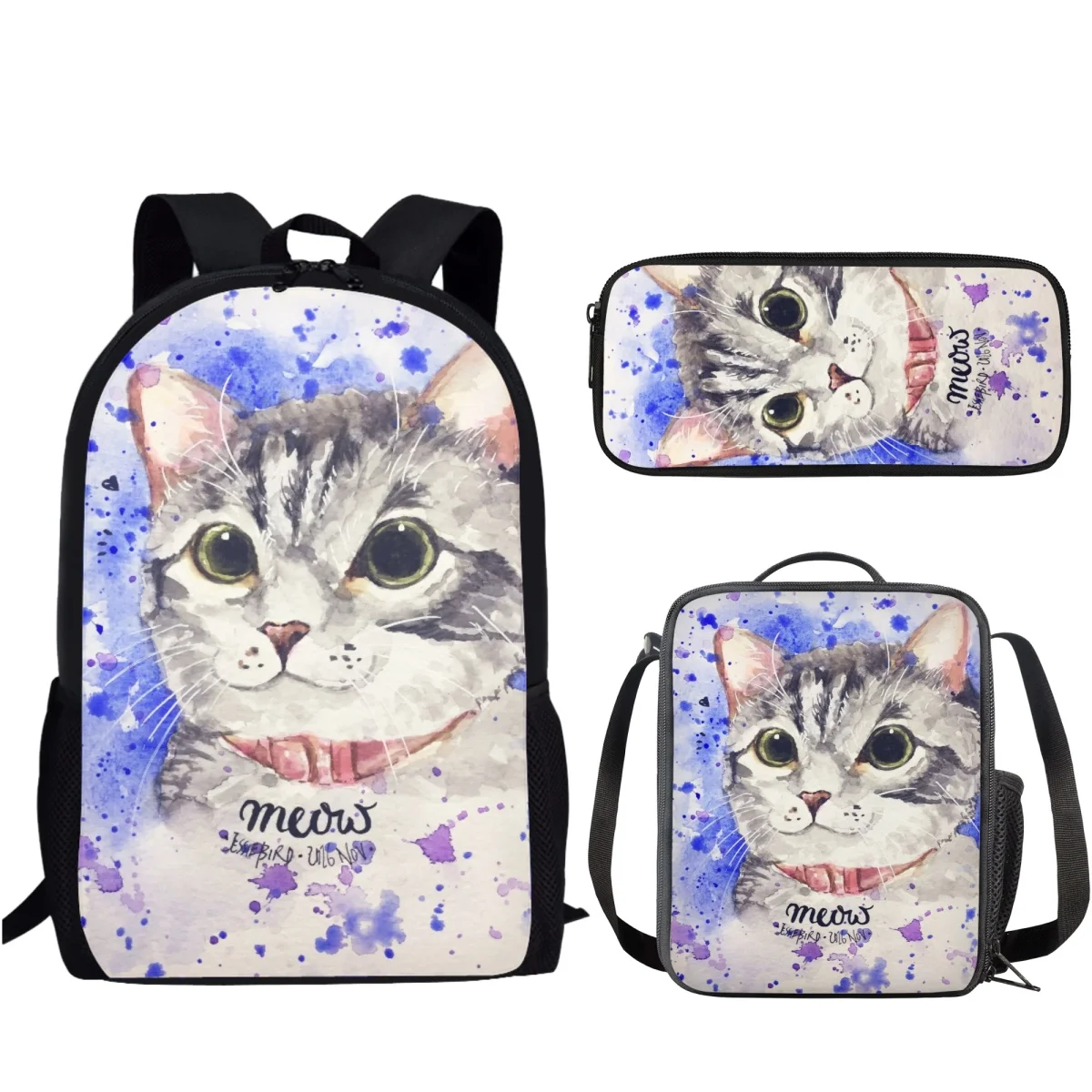 Sacos escolares com estojo de lápis, desenho de desenhos animados, aquarela, estampa de gato bonito, mochilas escolares para meninas universitárias, animais