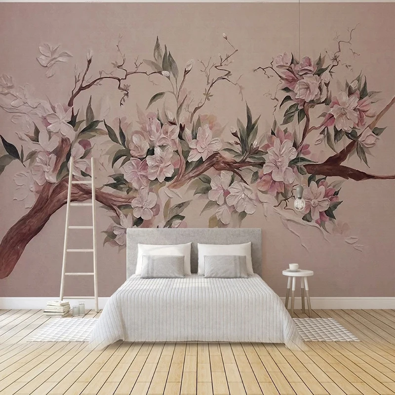 Custom Any Size Mural Wallpaper 3D Relief Pink Magnolia Wall Papers Living Room Bedroom TV Background Home Decor 3D Papier Peint