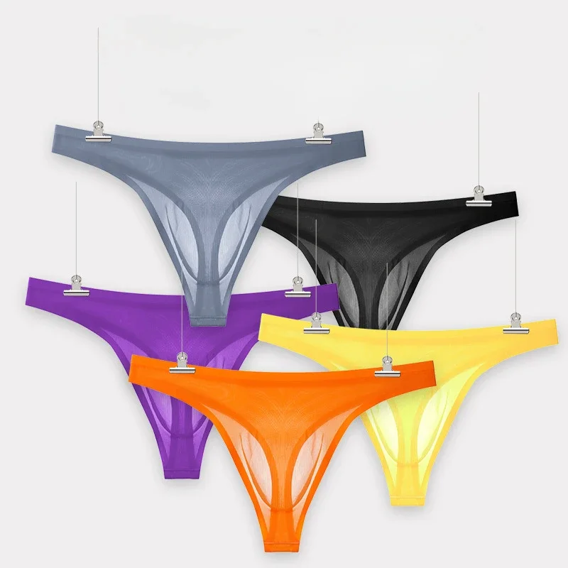 T-back Thongs Men Ice Silk Underwear Sexy Translucent Underpants Seamless Briefs Bulge Pouch Panties Man See Through Lingerie