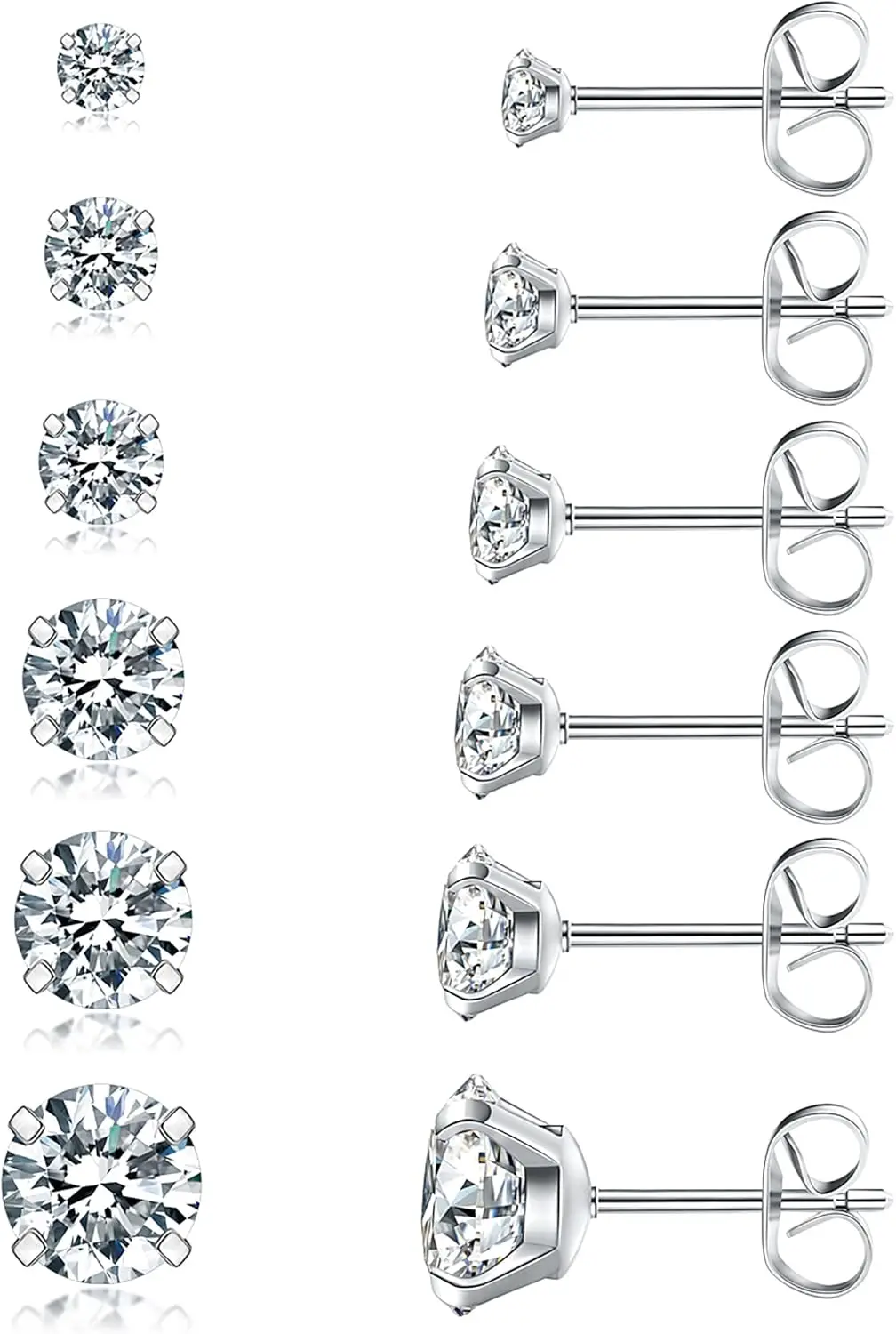 

6 Pairs Stud Earrings Set, Hypoallergenic Cubic Zirconia 316L Stainless Steel CZ Earrings 3-8mm in Steel Color