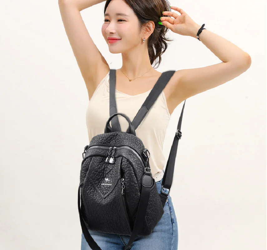 Bolsos de hombro con doble cremallera de cuero suave de gran capacidad de lujo, mochilas de viaje a la moda para mujer, bolso escolar, mochila cruzada