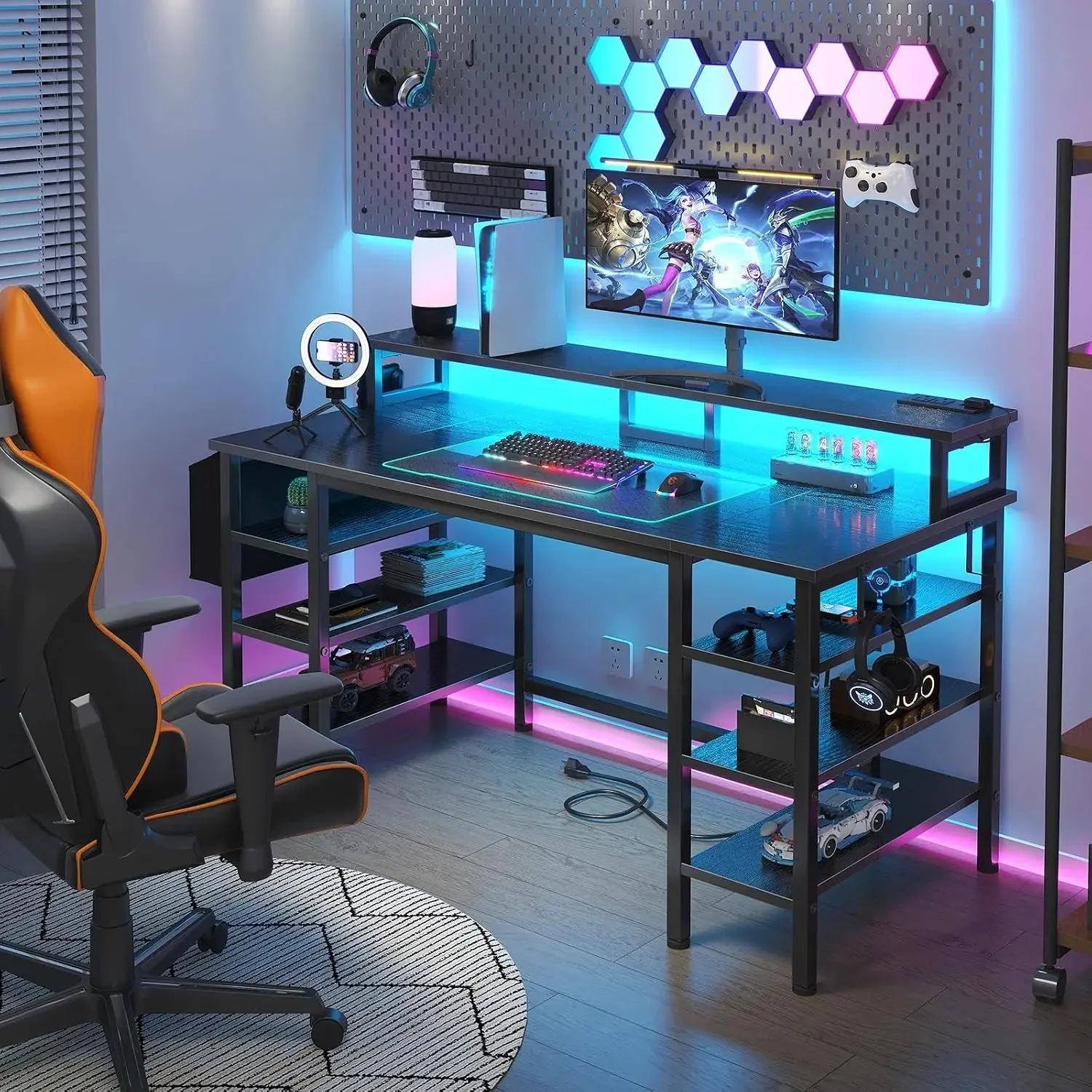 Gaming Desk with LED Lights and Storage Shelves, 47 inch Computer Desk with Power Outlets, Home Office Desk with Monitor - view 3