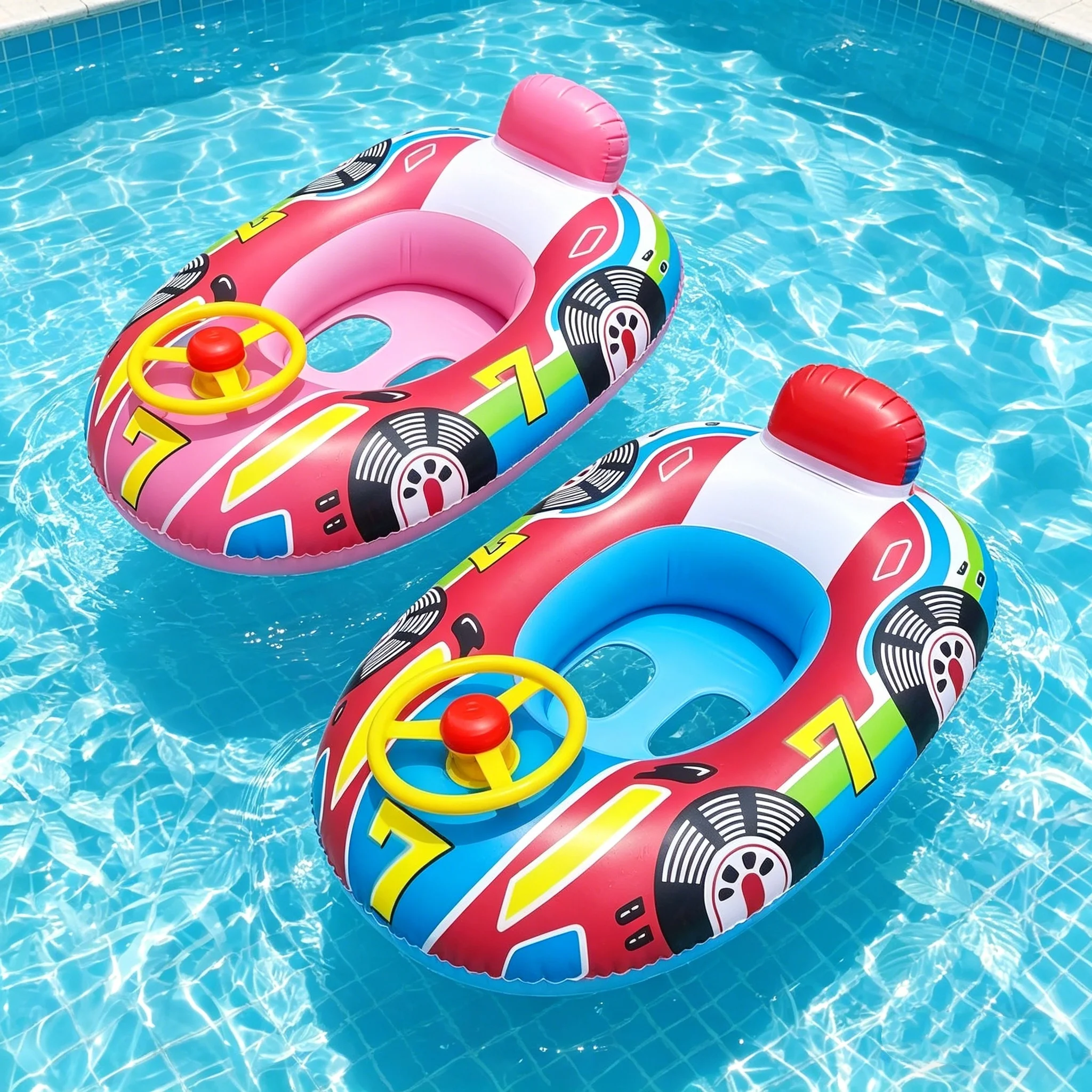 Kids' Swim Float Ring with Steering Handle & Horn, Racing Theme, Inflatable Water Seat for Children, PVC Material