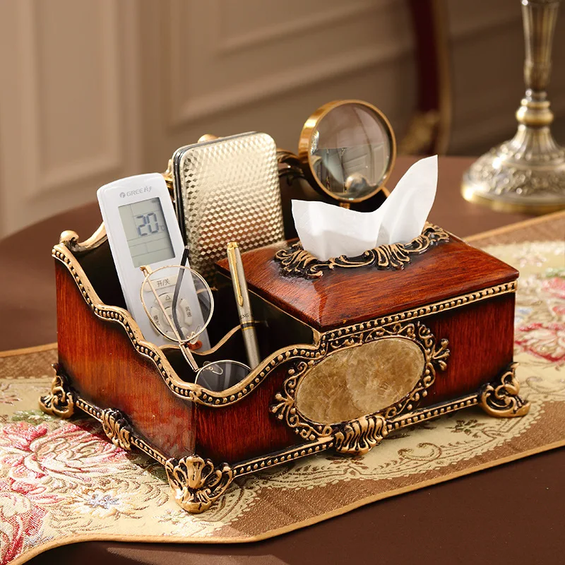 

European retro tissue box, high-end multi-function remote control, storage box, living room coffee table, dining room resin
