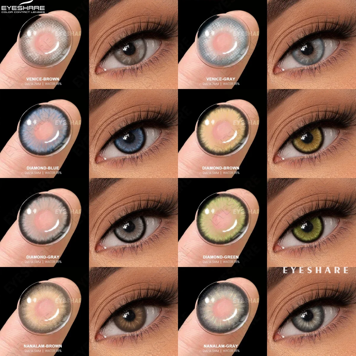 EYESHARE Farbige Kontaktlinsen für Augen, 2 Stück, natürliche braune Augenlinsen, graue Pupillen, weiche kosmetische Kontaktlinsen in grüner Farbe