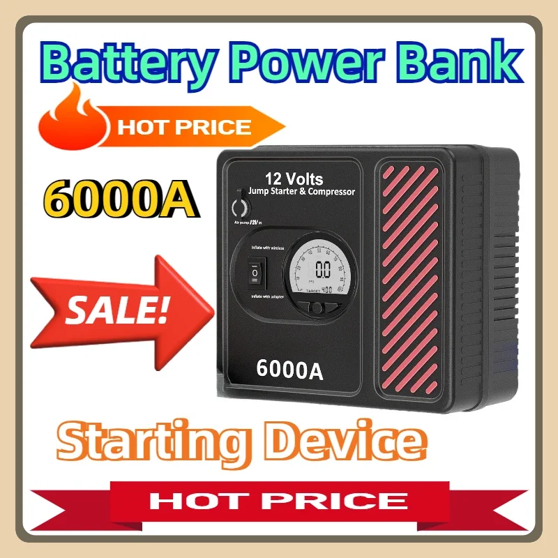 

Power Bank For 12V 6000A Car Jump Starter Tire Inflator 150PSI Air Compressor Starting Device Battery