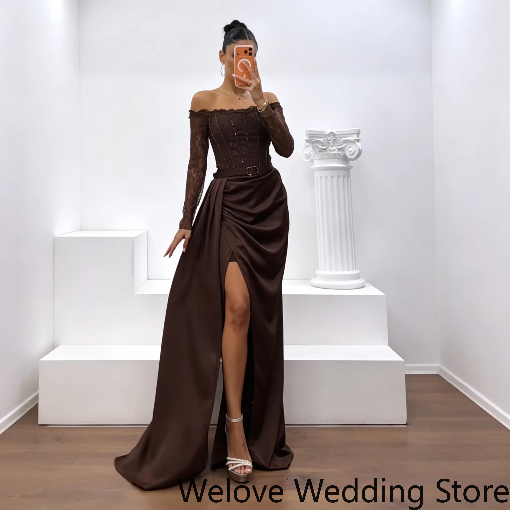 Luxury Chocolate Brown Evening Dress For Women Sheer Long Lace Sleeve Beaded Corset Bodice Matching Waist Sash Draped Satin