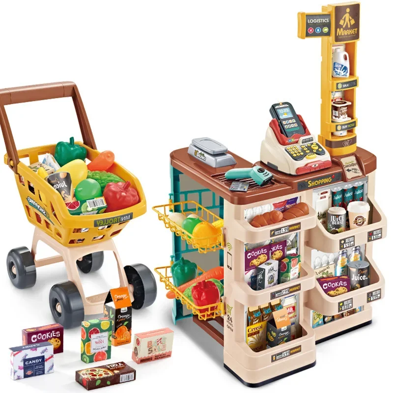 Children's Simulation Supermarket Vending Counter Shopping Cart Combination Set Playhouse Supermarket Scan Cash Register Gift