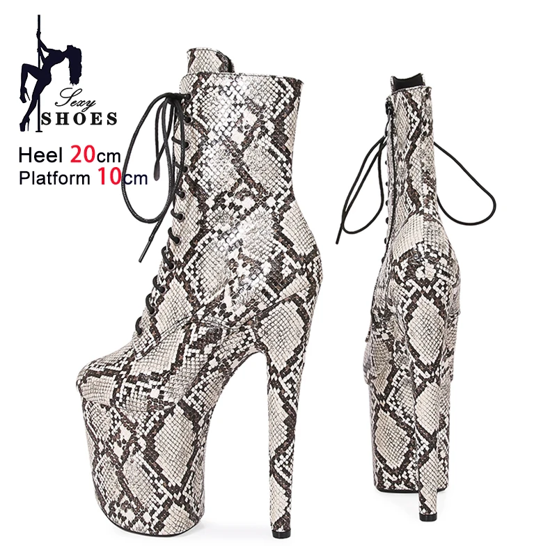 

20CM Extreme high heel Women Exotic Platform Ankle Boots New Snakeskin Print Pole Dance Shoes Nightclub Stripper Short Booties