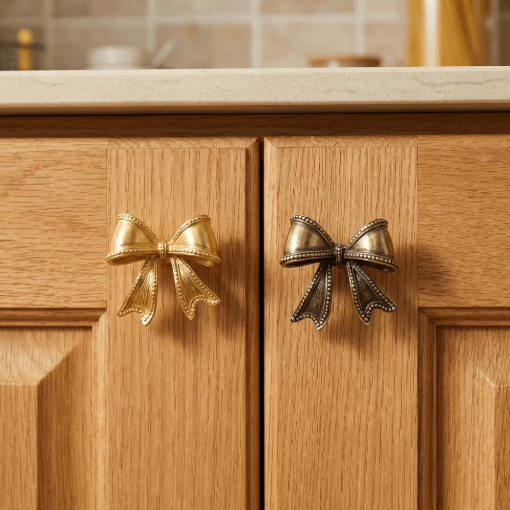 Creative Retro Bow Tie Brass Handle Vintage Furniture Hardware Cabinet Door Knobs Push-pull Gold Wardrobe Drawer Pulls Kitchen