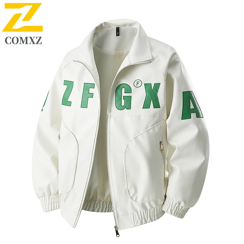 

Spring Autumn Men's Motorcycle Suit Leather Jacket Trend Letter Printing American Baseball Collar Pilot Casual PU Leather Jacket