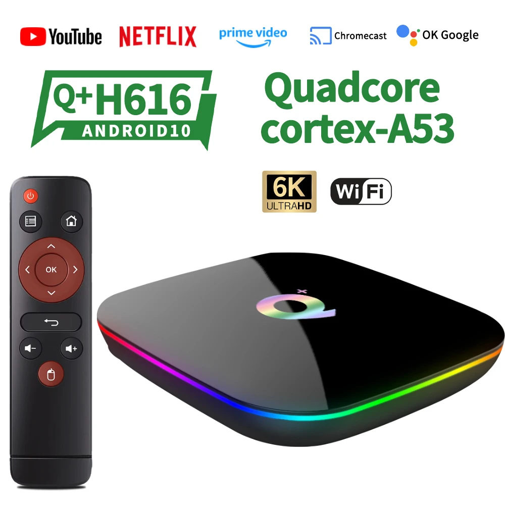 Q Plus Android 10 TV Box Quadcore H616 CPU 6K Output WiFi 2.4G HDMI 2.0