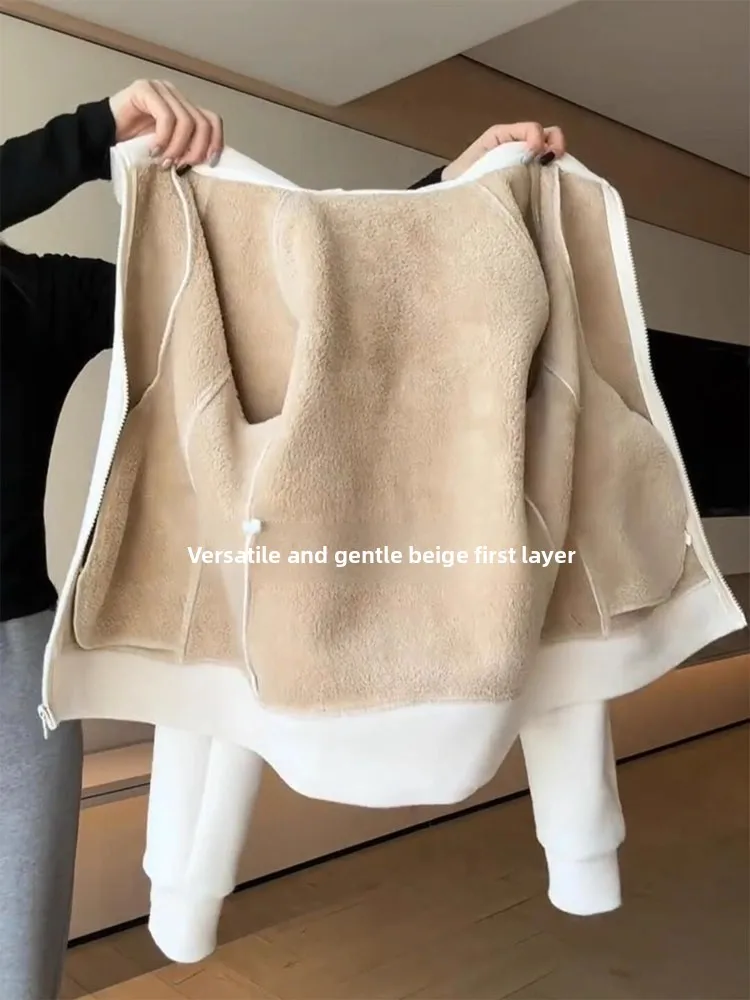 

Women's Fleece Lined Thickened Autumn Winter Jacket Hooded Zipper Closure Color Casual Outerwear Inner Lamb Fur Shirt