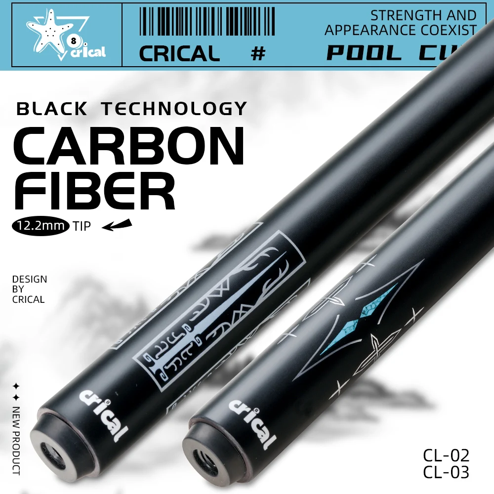CRICAL CL-02/03 Carbon Fiber Pool Cue Stick Black Technology Low Deflection 12.4mm Tip Radial Joint Professional 1/2 Billiard