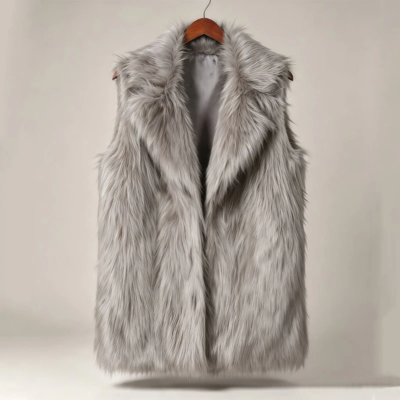 Cream White Notched Lapel Faux Fur Vest for Women Sleeveless Fluffy Winter Warm Gilet Solid Color American Style Outerwear