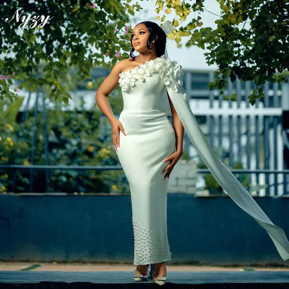 

NYZY W105 Customized Wedding Party Formal Dresses Satin One Shoulder Flowing Sleeve Ankle-length Wedding Dresses with Flowers