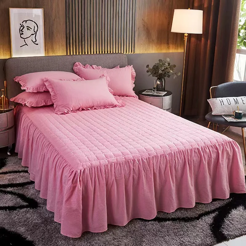 1pc Solid color princess pure cotton pleated skirt bed cover 100% pure cotton thick quilted bed skirt without pillowcase