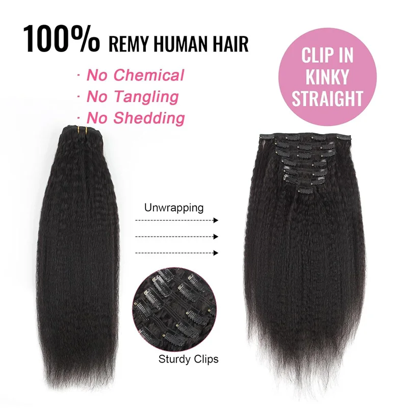 VSR Clip In Human Hair Extensions Kinky straight Black Full Head 120G 7Pcs 20Clips 60Cm European Clip in Human Hair Extensions