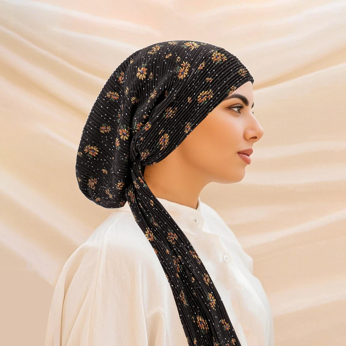 Nowy damski turban muzułmański z elastyczną gumką, chusta na głowę z kwiatowym nadrukiem, chusta na raka, czapka na chemioterapię, opaska na głowę z efektem \"crinkle\", bandana, 2025