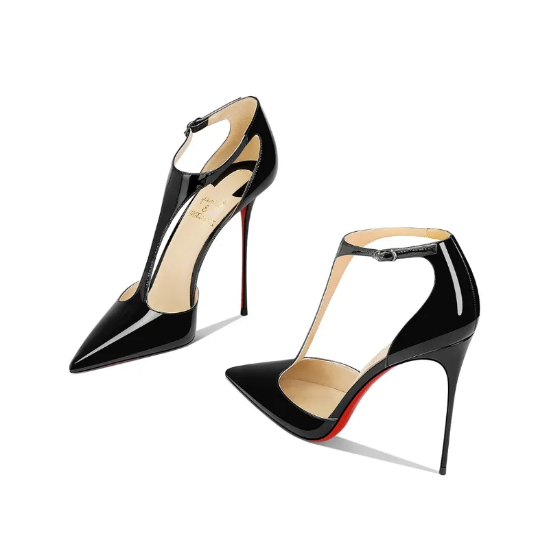 Bolso con cinturón en T de charol negro con club nocturno sexy Sandalias de tacón alto europeas y americanas con tacón ultrafino de 12 cm