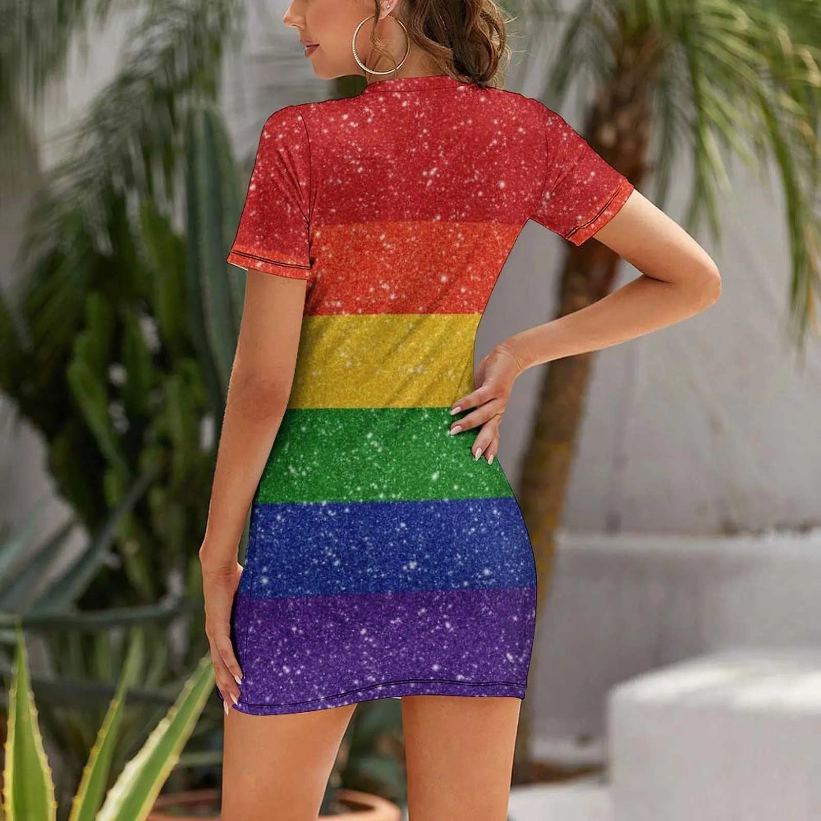 Faux Glitter LGBTQ Pride Rainbow Flag Background Short Sleeved Dress dress for women summer Dress