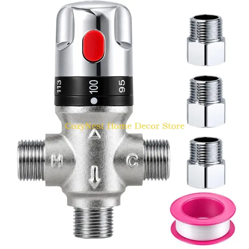 92MF 1/2 NPT Thermostatic Water Mixing Unit with Brass Body, Identified Inlets and Adjustable Outlet for Bathroom Plumbing Lines