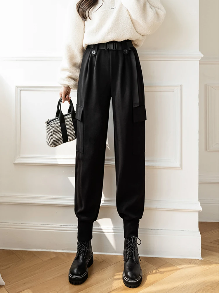 Casual 2025 Winter Cargo Pants For Woman Streetwear Loose Harem Baggy Pants Women Woolen With Belt Slacks Brown Black Trousers