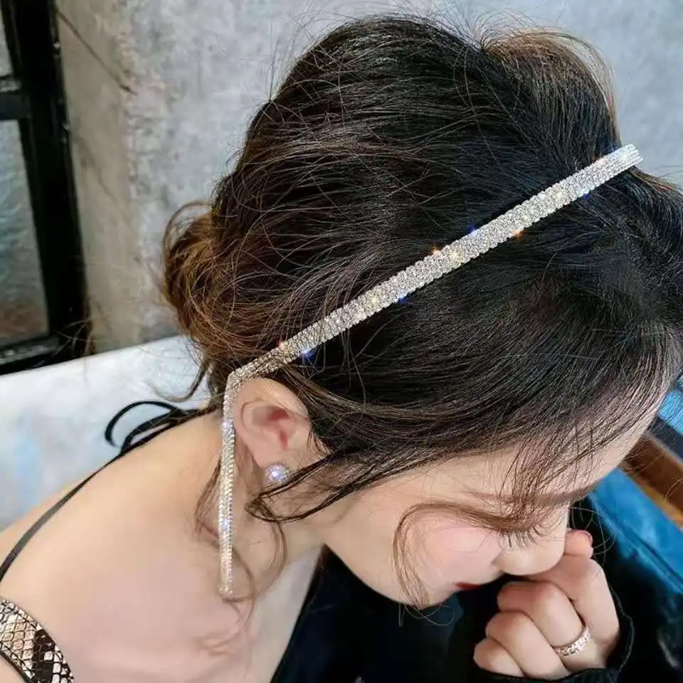 Luxo Rhinestone Hairbands para Mulheres, Long Tassel Bow Bands, Headband de cristal coreano, Acessórios para casamento