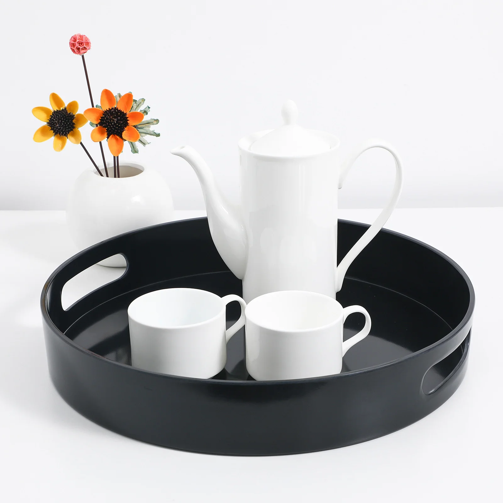 

Round Decorative Tray Plastic Storage Tray For Coffee Table Serving Snacks Jewelry Display Sturdy Handle Design Home