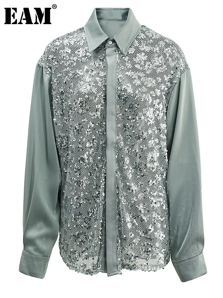 

[EAM] Women Green Sequins Perspective Big Size Casual Blouse New Lapel Long Sleeve Shirt Fashion Tide Spring Autumn 2024 CPG1587