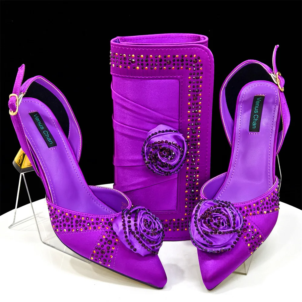 

Women's Shoe And Bag Set Pointed High Heels Handmade Flower Decoration, High Temperature Hot Diamonds Simple And Elegant Сумочка