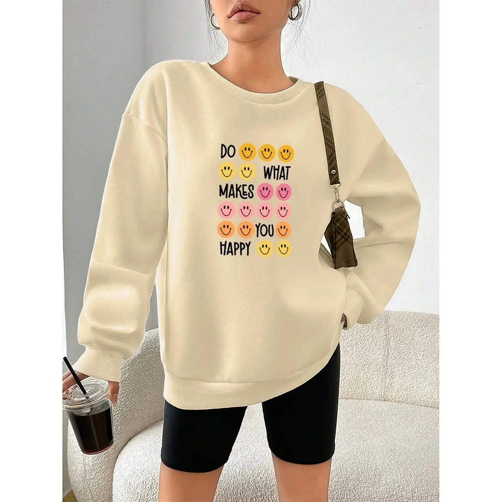 المرأة جولة الرقبة طويلة الأكمام المخملية الشتاء عارضة الكلمات الإيجابية مثيرة للاهتمام الوجه طباعة البلوز قمم فضفاضة مريحة