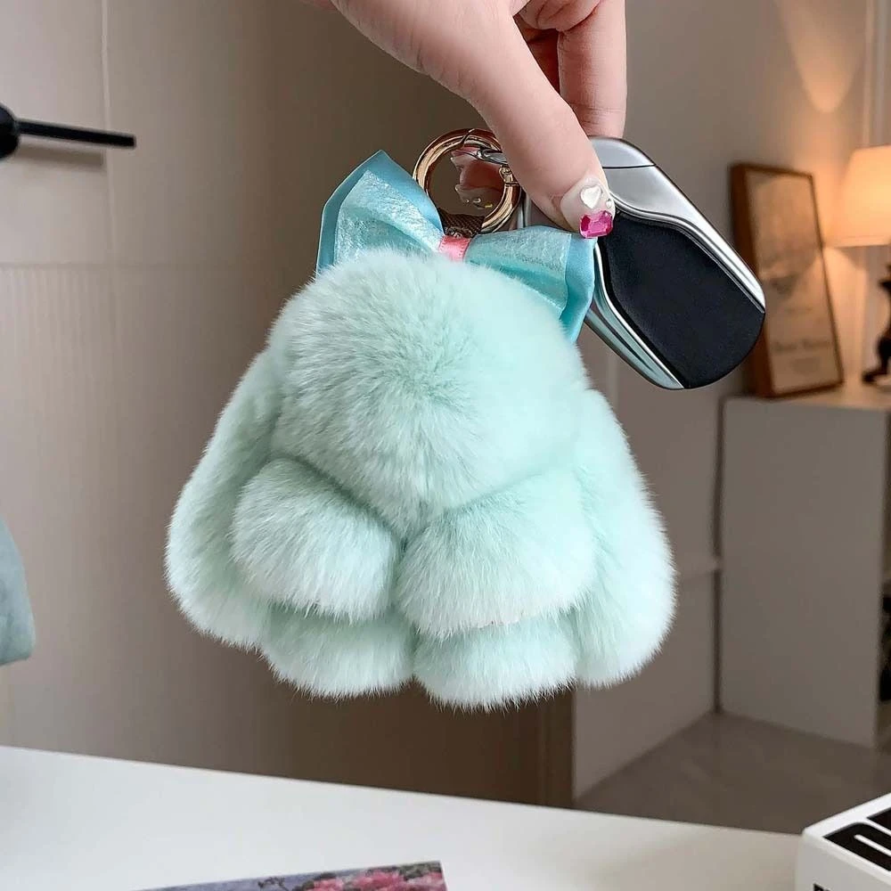 Pompoms Rabbit Fur Keychain Alloy Ring Bag Charm Bunny Bag Pendant Jewelry Gifts Cute Fluffy Dolls Plush Rabbit Key Ring