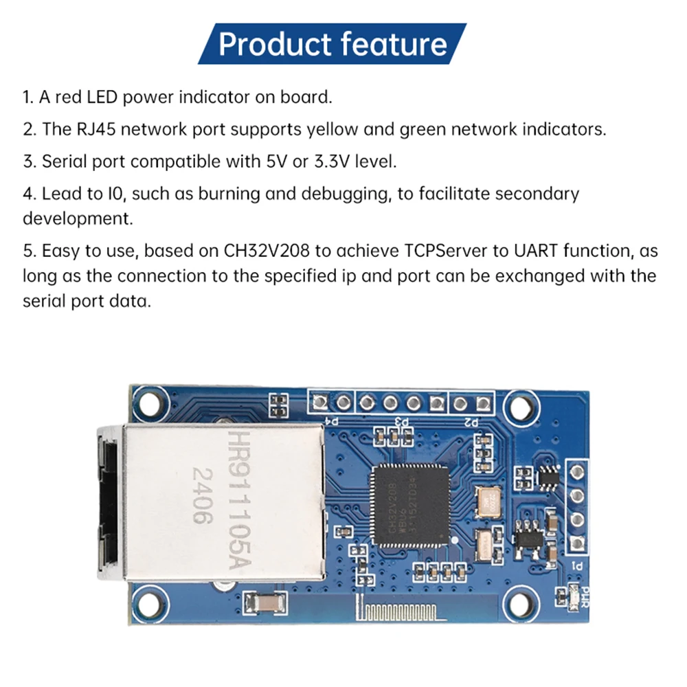 3.3V 5V CH32V208 Serial Port to Ethernet Module TTL Network Transmission Development Board RJ45 Ethernet port With LED indicator