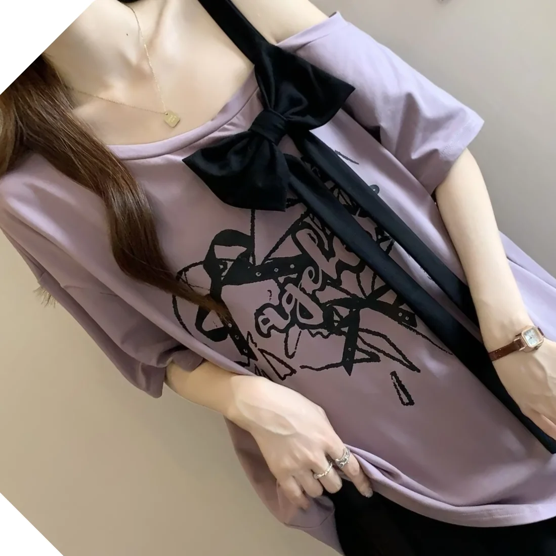 Summer Large-size Women's Clothing Loose And Thin Printed Three-dimensional Bow Irregular Off-the-shoulder Short-sleeved T-shirt