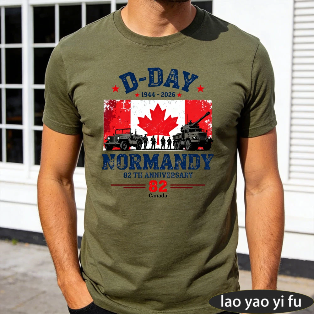 Vintage D-Day 1944-2026 Normandy Canada Men's T-Shirt Patriotic Canadian Flag Military Print Summer Fashion Casual Cotton Tee