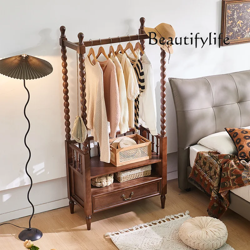 French retro solid wood hanger integrated multi-functional storage rack household bedroom with drawers floor coat rack