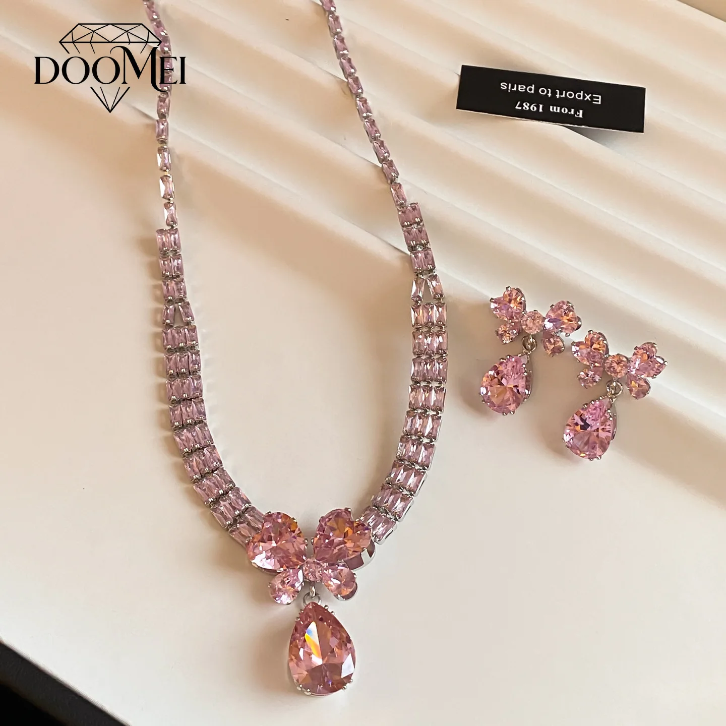 DOO MEI 2 Pcs Bowknot Teardrop Jewelry Set Cubic Zirconia Pendant Necklace and Dangle Earrings Women's Banquets Dazzling Jewelry