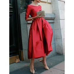 Gymystars Womens Dresses Solid Color Midi Dresses New Light Luxury Round-Neck Pleated Pockets Female Party Evening A-Line Skirt