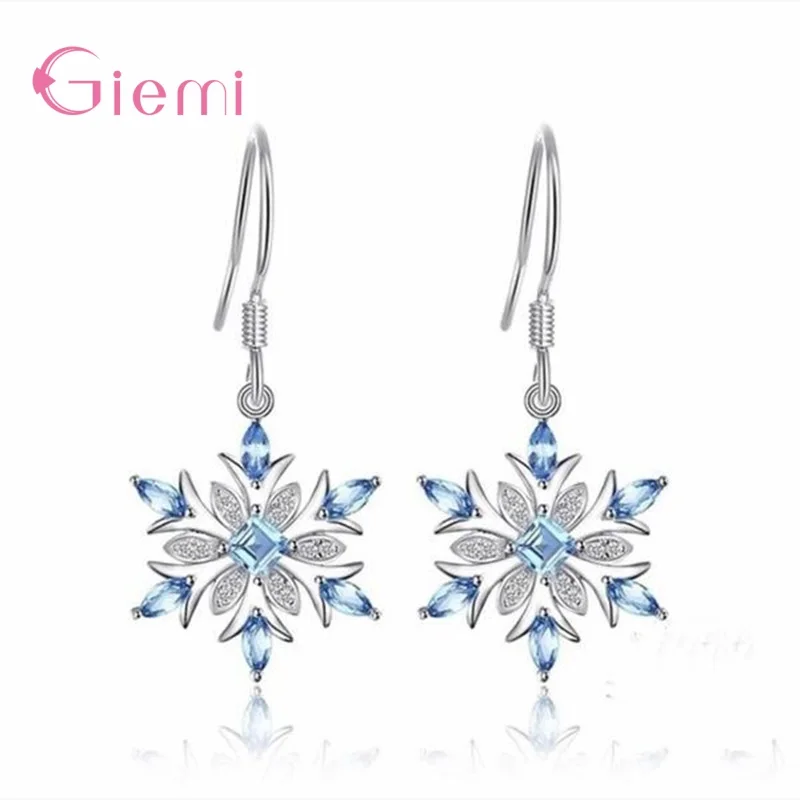 Delicate 925 Sterling Silver Snowflake Design Blue Crystal Zircon Hook Drop Earrings for Women Xmas Party Fashion Jewelry Gifts