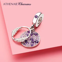 ATHENAIE 925 Sterling Silver Feather Pendant with Purple CZ Stone Fit European Bracelets for Perfect Gift Women Jewelry