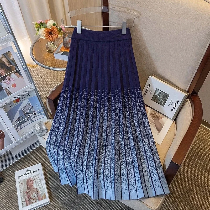 

Thicken Knitted Pleated Half Length Skirt for Women 2025 Spring Autumn Winter New Elastic High Waist A-line Medium Length Skirts