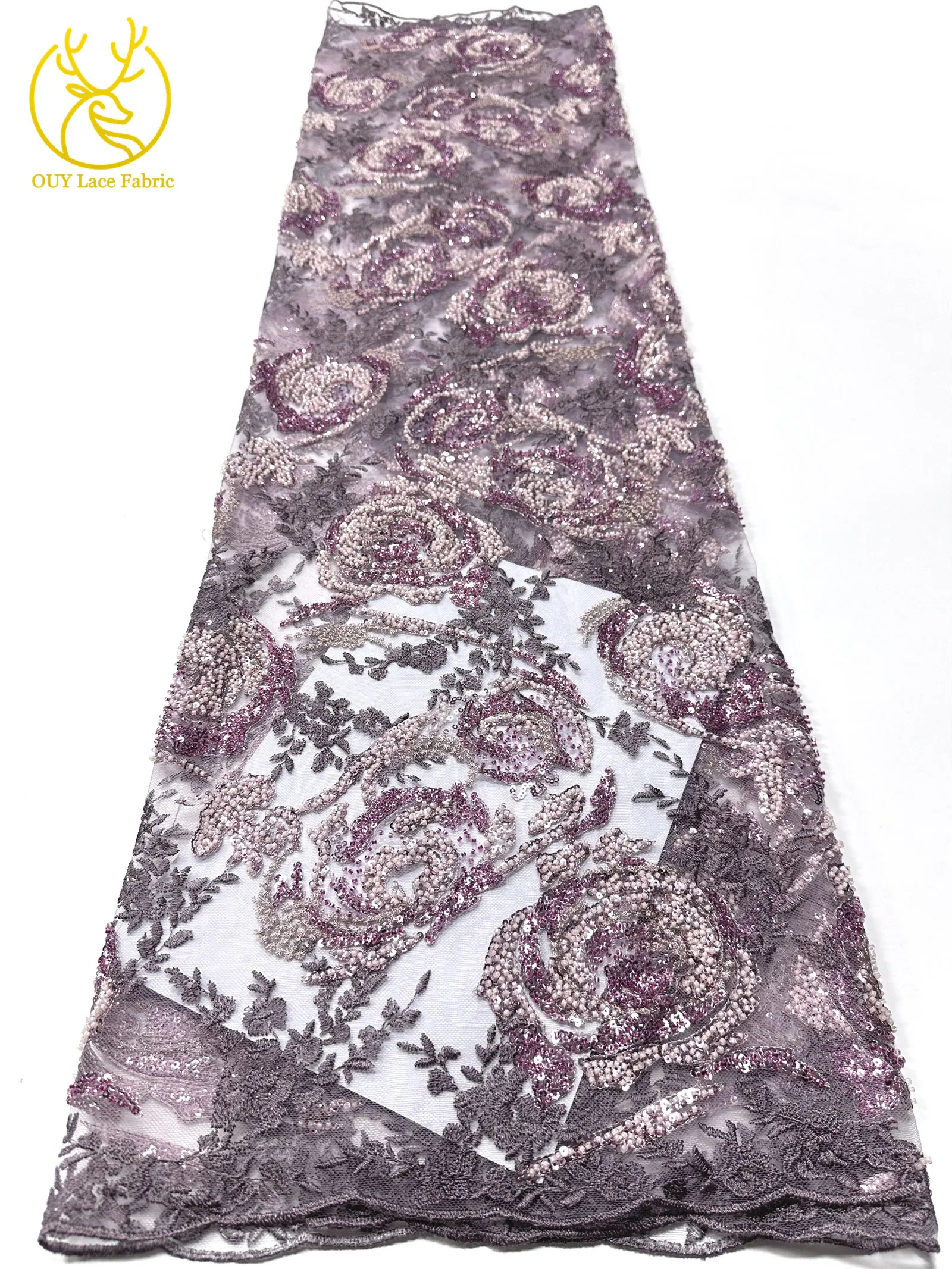 Modisches Kleid mit Stickerei, Spitze und Pailletten, Afrikanischer Spitzenstoff 2026, Rosa Französische Perlen-Spitze, Nigerianisches Partykleid, Nähzubehör 5Y – Detail 15