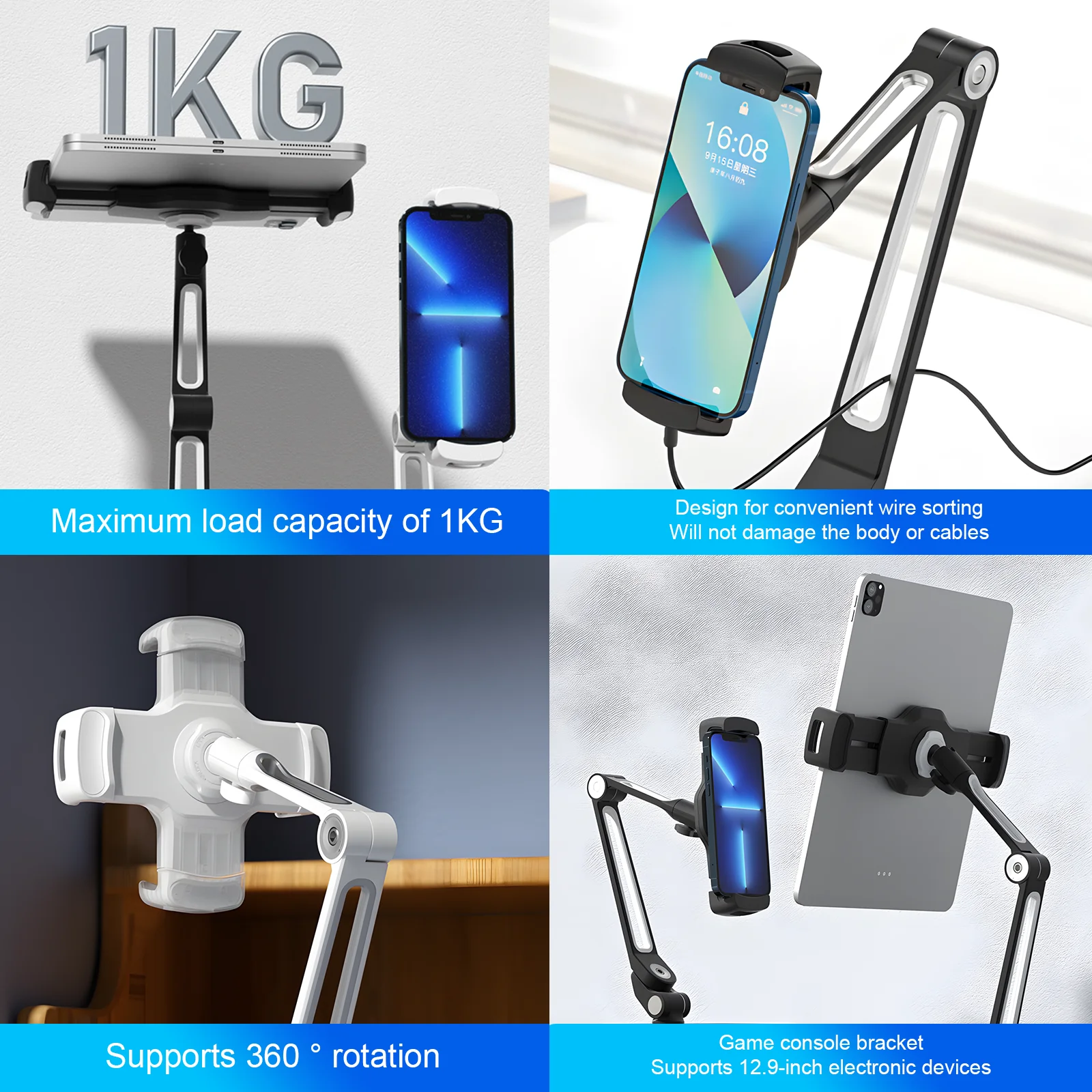 Unew Stable Stand with Clamp, Foldable, Multi Angle 360 Rotating, Portable, For Tablet Stand, iPad/mini Pad,4.7-12.9 inches, 1KG