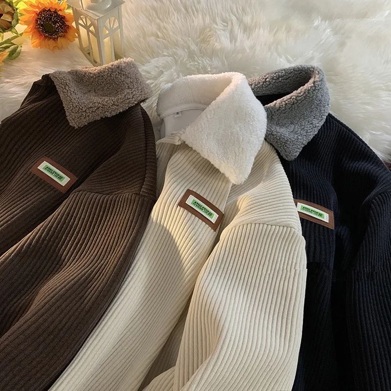 

Corduroy Polo Collar Sweater Couple Autumn and Winter Plus Velvet Thickened Simple Lamb Wool Coat