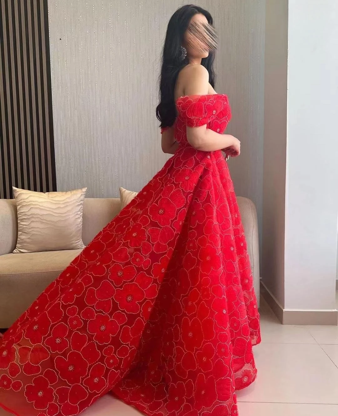 Red Luxury Evening Dresses Off Shoulder Flower Embroidery A-Line Prom Dresses 2023 Arabia Popular Formal Occasion Party Dresses