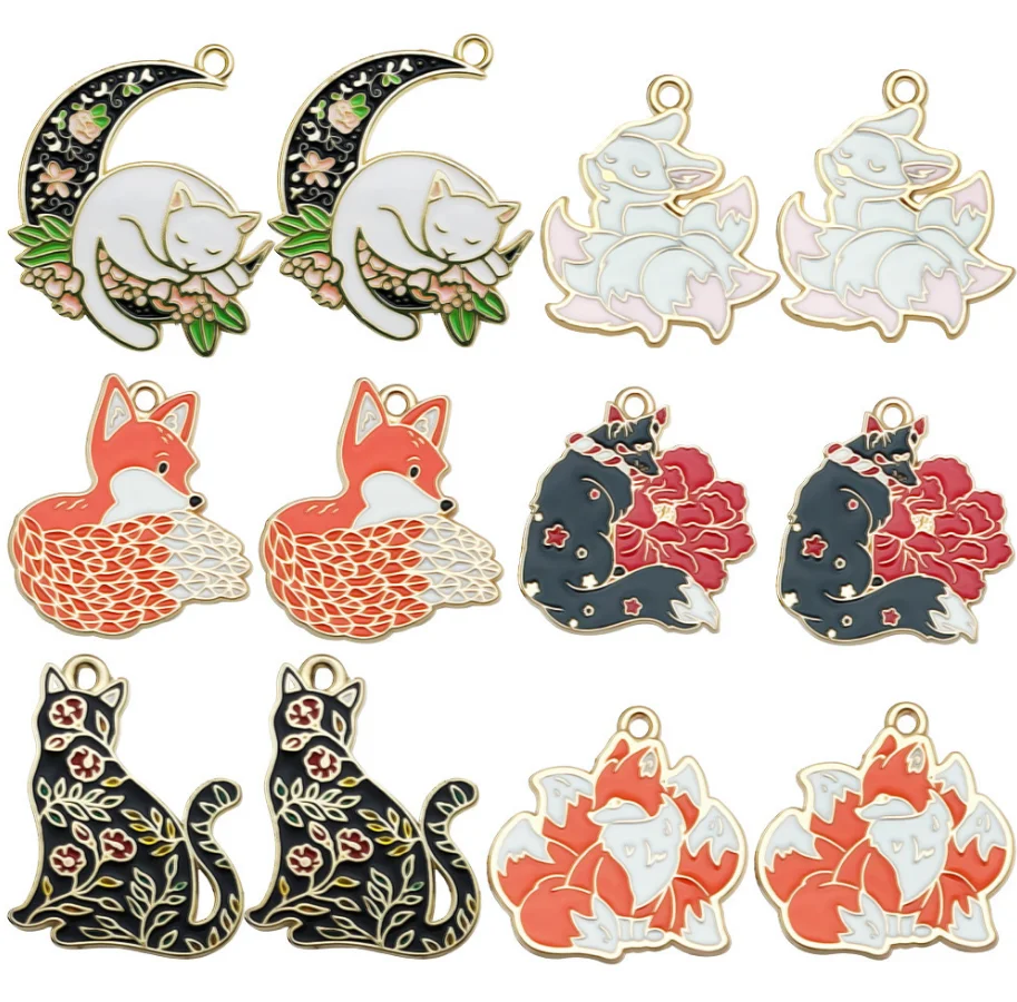 12Pcs Mixed Cat Fox Enamel Alloy Charms Moon Floral Animal Pendants ForDIY Bracelet Necklace Handmade Jewelry Making Accessories