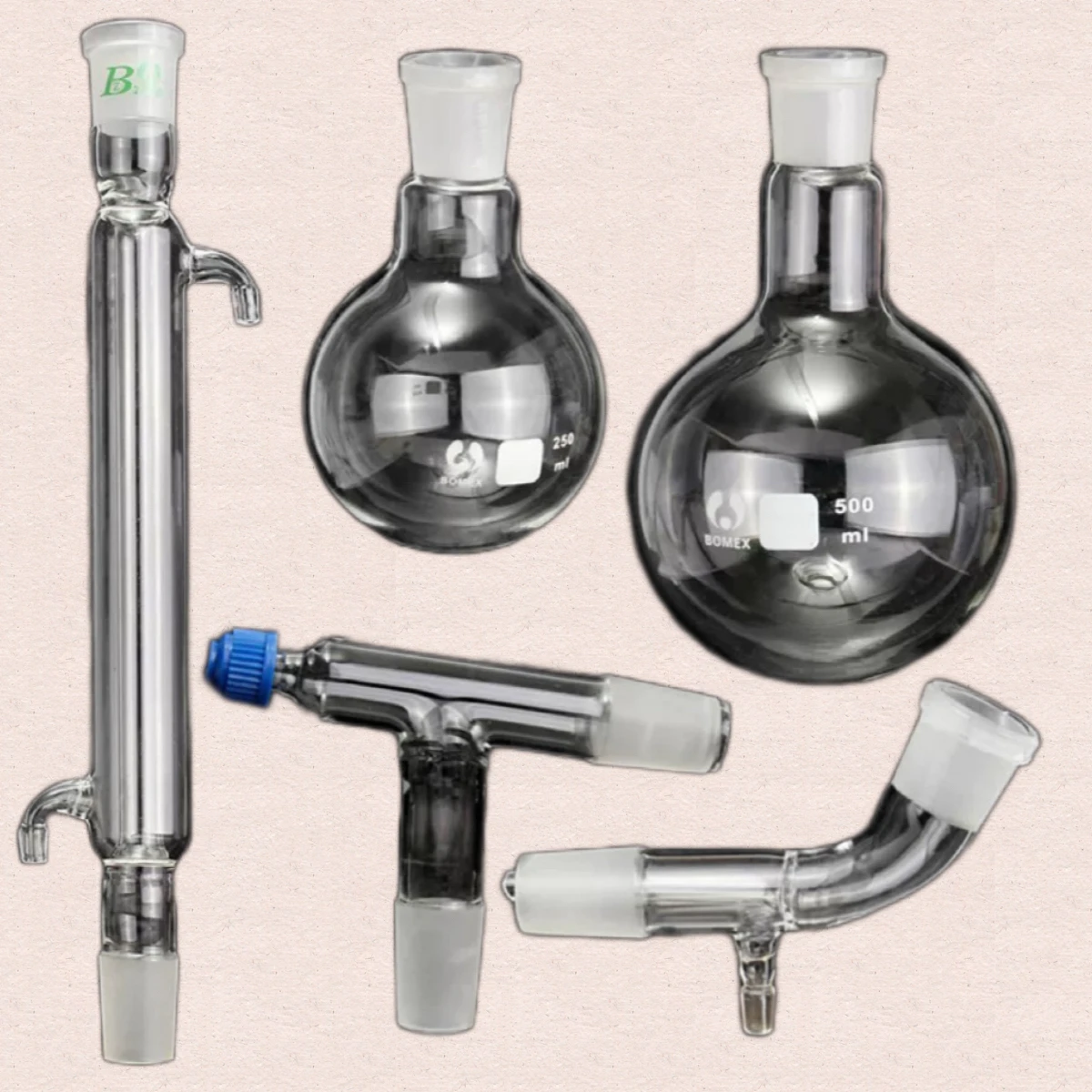 

【5 Piece Set】250/500ml, 24/29, Glass Still, Laboratory Distillation Equipment Chemistry Glassware Kit