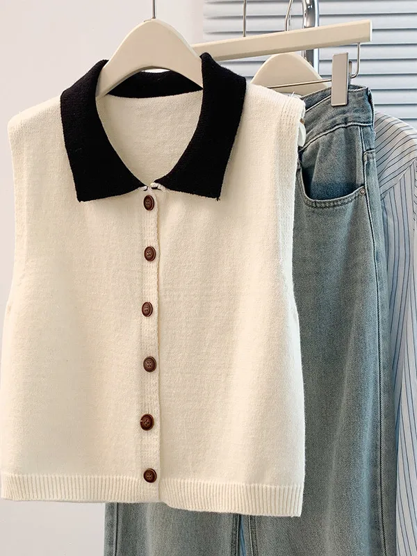 

Faionable Color Blo Knitted Vest Women's plus Size Casual Loose Top Svel Summer Outerwear Turn down Collar Single B...